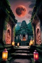 A mystical lunar eclipse over an ancient temple, with glowing lanterns Royalty Free Stock Photo