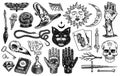 Mystical magic boho elements. Witchcraft astrological set. Esoteric alchemy occult sketch for tattoo. Palmistry and Royalty Free Stock Photo