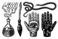 Mystical magic boho elements. Witchcraft astrological set. Esoteric alchemy occult sketch for tattoo or T-shirts