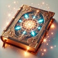 Mystical magic book with glowing light and intricate designs on a white background Royalty Free Stock Photo