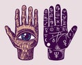 Mystical magic palmistry. Esoteric or alchemy occult sketch for tattoo. Fate in the palm of your hand. Hand Drawn Royalty Free Stock Photo