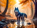 Mystical Magical wid wolf standing in stream in the forest at autumn time Royalty Free Stock Photo