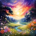 Mystical Meadow in Watercolor Painting Style