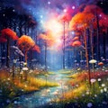 Mystical Meadow in Watercolor Painting Style