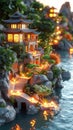 A mystical miniature Japanese village with glowing lanterns by the water, fitting for fantasy concepts. Vesak Day