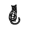 Mystical moon cat. Black celestial animal vector illustration.