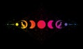 Mystical Moon Phases, Sacred geometry. Triple moon and black cats, colorful spectrum pagan Wiccan goddess symbol, silhouette wicca Royalty Free Stock Photo