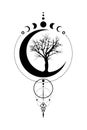 Mystical Moon Phases, tree of life, Sacred geometry. Triple moon, half moon pagan Wiccan goddess symbol, silhouette wicca banner