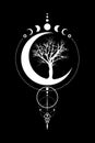 Mystical Moon Phases, tree of life, Sacred geometry. Triple moon, half moon pagan Wiccan goddess symbol, silhouette wicca banner Royalty Free Stock Photo