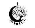 Mystical Moon Phases, tree of life and Wicca pentacle. Sacred geometry. Logo,Triple moon, half moon pagan Wiccan goddess symbol