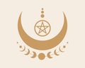 Mystical Moon Phases and Wicca pentacle. Sacred geometry. Logo, crescent moon, half moon pagan Wiccan goddess symbol