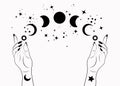 Mystical moon phases and woman hands, Triple moon pagan Wiccan goddess symbol, alchemy esoteric magic space, sacred wheel