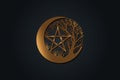 Mystical Moon, tree of life and Wicca pentacle. Sacred geometry. Gold Logo, Crescent, half moon pagan Wiccan goddess symbol,