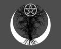 Mystical Moon, tree of life and Wicca pentacle. Sacred geometry. Logo, Crescent moon, half moon pagan Wiccan goddess symbol circle