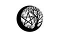 Mystical Moon, tree of life and Wicca pentacle. Sacred geometry. Logo, Crescent moon, half moon pagan Wiccan goddess symbol