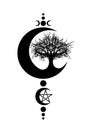 Mystical Moon, tree of life and Wicca pentacle. Sacred geometry. Logo, Crescent moon, half moon pagan Wiccan triple goddess symbol