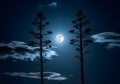 Mystical Moonlight Sonata Two Silhouetted Trees Framing a Full Moon in a Deep Blue Sky with Wis Royalty Free Stock Photo