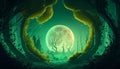 Magical Moon and Starlit Fantasy Forest Landscape with Green Abstract Illustration. Generative Ai Royalty Free Stock Photo