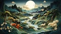 Mystical Moonlit Landscape with Serene Waterfalls and Mountains GenerativeAI