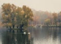 Mystical morning autumn landscape with fog over the lake. Foggy autumn landscape with State Museum Reserve Gatchina Royalty Free Stock Photo