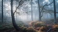 Mystical Morning Fog in Towering Forest Royalty Free Stock Photo