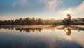 Mystical morning landscape with fog over the lake. Soft focus. Royalty Free Stock Photo