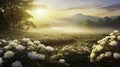 Mystical Morning Light on Serene Flower Landscape Royalty Free Stock Photo