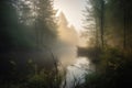 Mystical Morning misty forest with a hidden lake surrounded by tall trees and a light fog