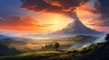 Mystical Mountain: A Vibrant Fantasy Landscape With Lush Trees And Golden Light