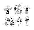 Mystical mushrooms isolated clipart set, magic line celestial mushroom, moon and stars, witchy esoteric objects, floral Royalty Free Stock Photo