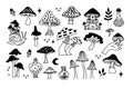 Mystical mushrooms isolated outline clipart set, magic line celestial mushroom, moon stars, witchy esoteric objects Royalty Free Stock Photo