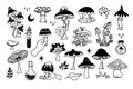 Mystical mushrooms isolated outline clipart set, magic line celestial mushroom, moon stars, witchy esoteric objects Royalty Free Stock Photo