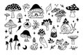 Mystical mushrooms isolated outline clipart set, magic line celestial mushroom, moon stars, witchy esoteric objects Royalty Free Stock Photo