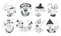 Mystical mushrooms, magic forest halloween doodle elements. Boho mushrooms, witchcraft esoteric woods vector symbols illustrations Royalty Free Stock Photo
