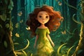 Mystical nature girl, with flowers in her hair and a flowing dress made of leaves, standing in a lush forest with woodland