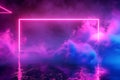 Mystical Neon Rectangle: A neon rectangular frame emitting pink light, surrounded by blue and purple smoke Royalty Free Stock Photo