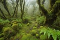 Mystical New Zealand forest with mist, moss, and tall trees. Generative AI.