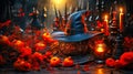 Mystical Night with Fiery Witch\'s Hat and Enchanting Objects.Generative AI