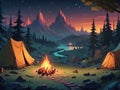 Mystical night landscape, in the foreground hike, campfire and tent - generated by ai Royalty Free Stock Photo