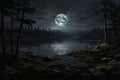 Mystical Night landscape lake. Generate Ai Royalty Free Stock Photo