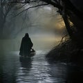 Mystical Night Passage: Hooded Ferryman on Eerie River