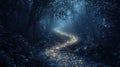 Magical Lights Guide the Path Through Dark Enchanted Forest at Night Royalty Free Stock Photo