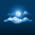 Mystical Night sky background with full moon, clouds and stars. Moonlight night with copy space for winter background Royalty Free Stock Photo