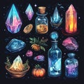 Mystical Objects Set: Crystal, Buddha Hand, Witch Hat, Love Potion, Hand Drawn Vector Illustration Royalty Free Stock Photo