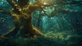 A mystical old tree stands at the heart of an enchanted forest, its branches adorned with hundreds of tiny, AI Generated