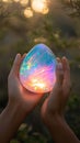 Mystical opal glowing between hands in a calming natural setting. Royalty Free Stock Photo