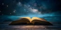A mystical open book under the night sky unleashing enchanted knowledge. Concept Fantasy, Books,