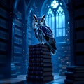 Mystical Owl Perched on Stack of Books in Dark Magical Library Royalty Free Stock Photo