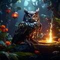 Mystical Owl Statue with Lantern in Forest Royalty Free Stock Photo