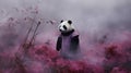 Mystical Panda Bear In A Foggy Field - Dark Pink Photorealistic Surrealism